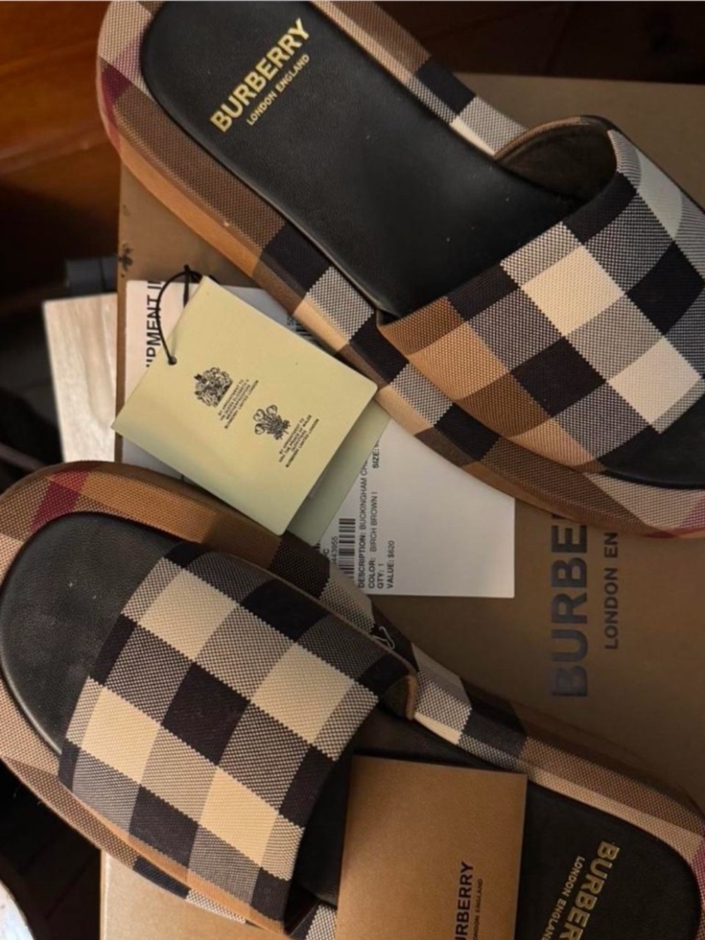 AUTHENTIC Burberry Tan Black Check Slide Sandals - Picture 3 of 3
